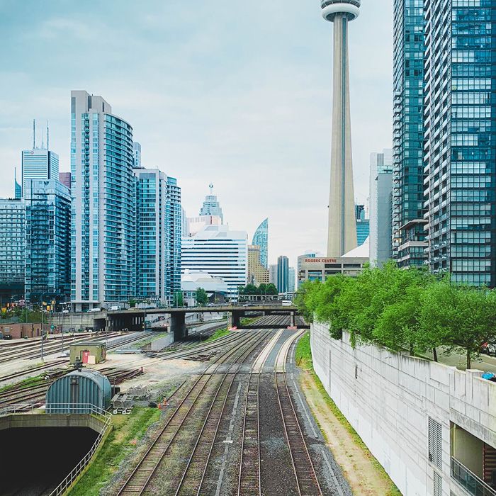 Train tracks surround by buildings in downtown Toronto