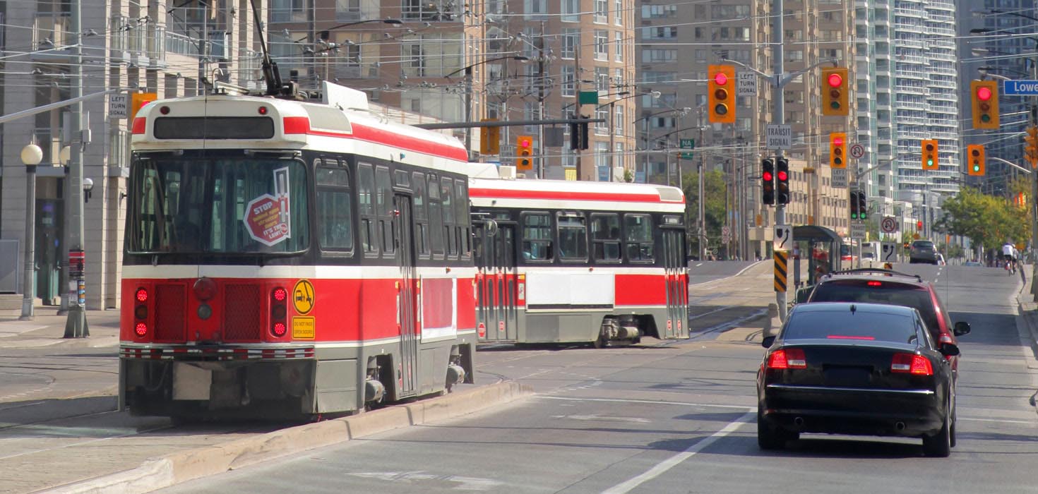 Streetcars travelling through downtown Toronto