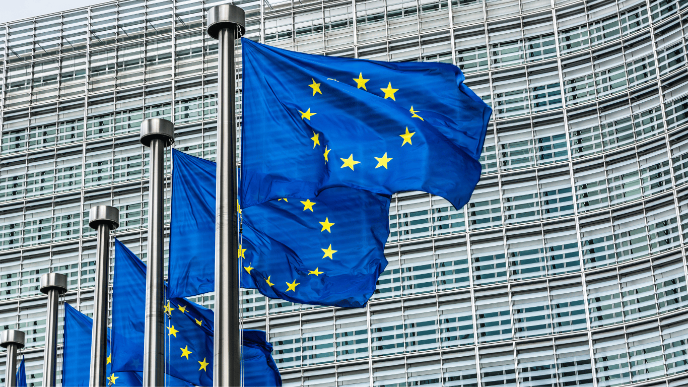 A row of EU flags flying