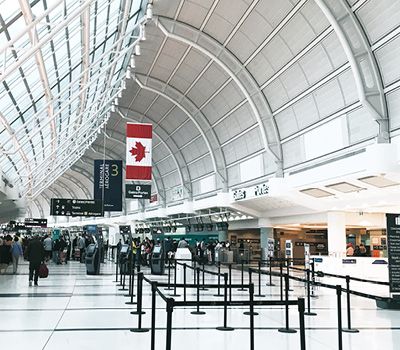 Airplane docked for boarding at Toronto's Pearson Airport.