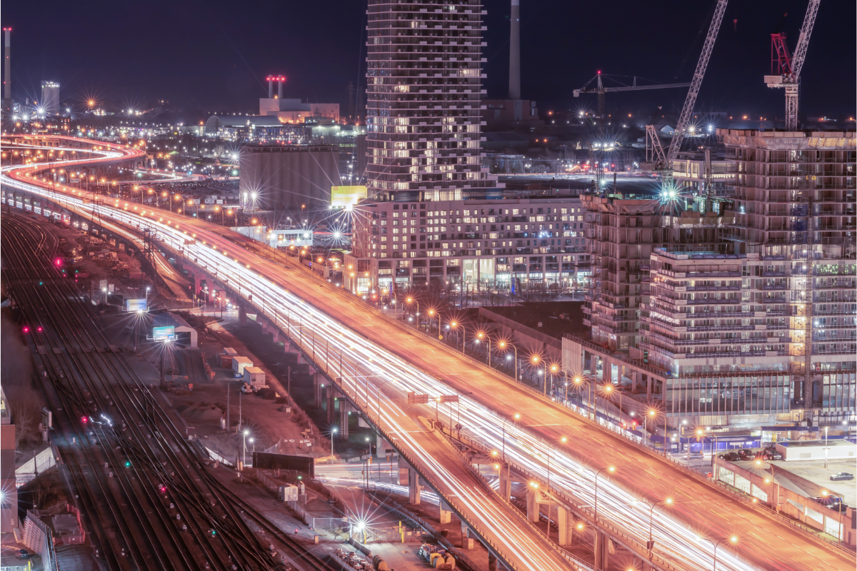 The Gardiner expressway, lit up at night with a time lapse effect.