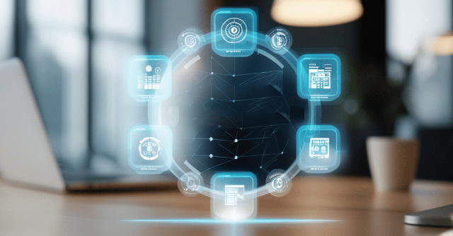 Digital AI workflow interface with holographic icons and a connected network hub floating above a desk in a modern office setting.