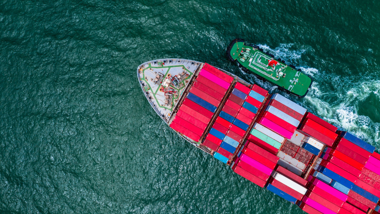 Overhead view of a shipping freighter filled with cans