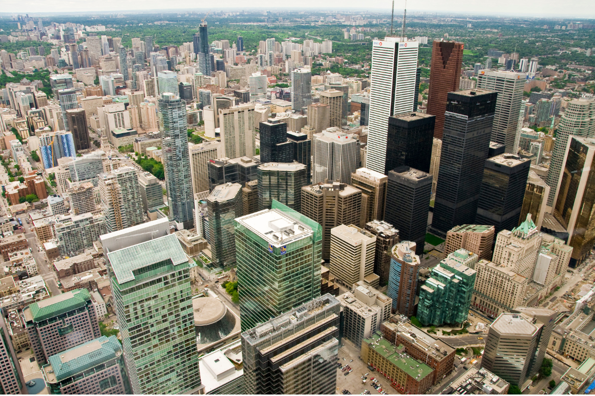 An aerial view of downtown Toronto's financial district.