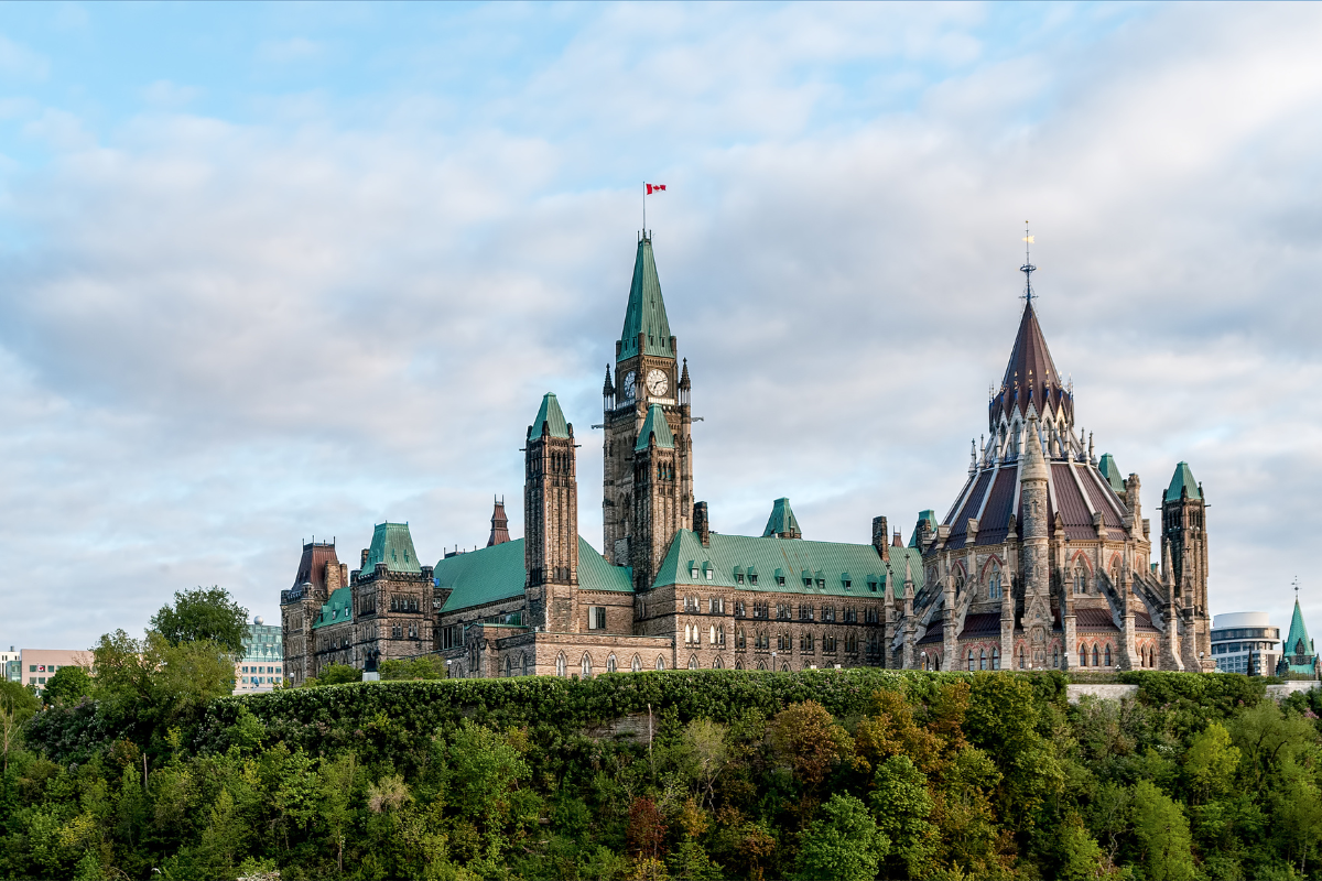 Parliament Hill, on a cloudy blue sky.