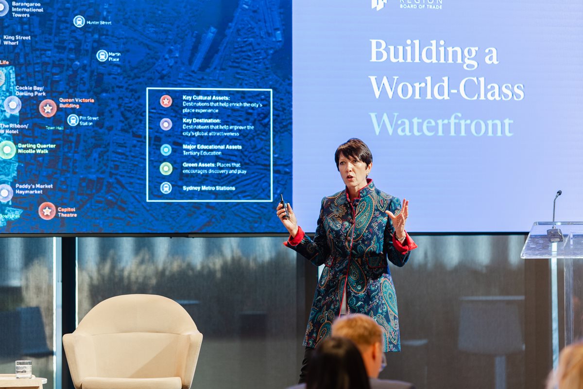 Kate Meyrick, speaking at the Board's Waterfront Symposium event in 2023.