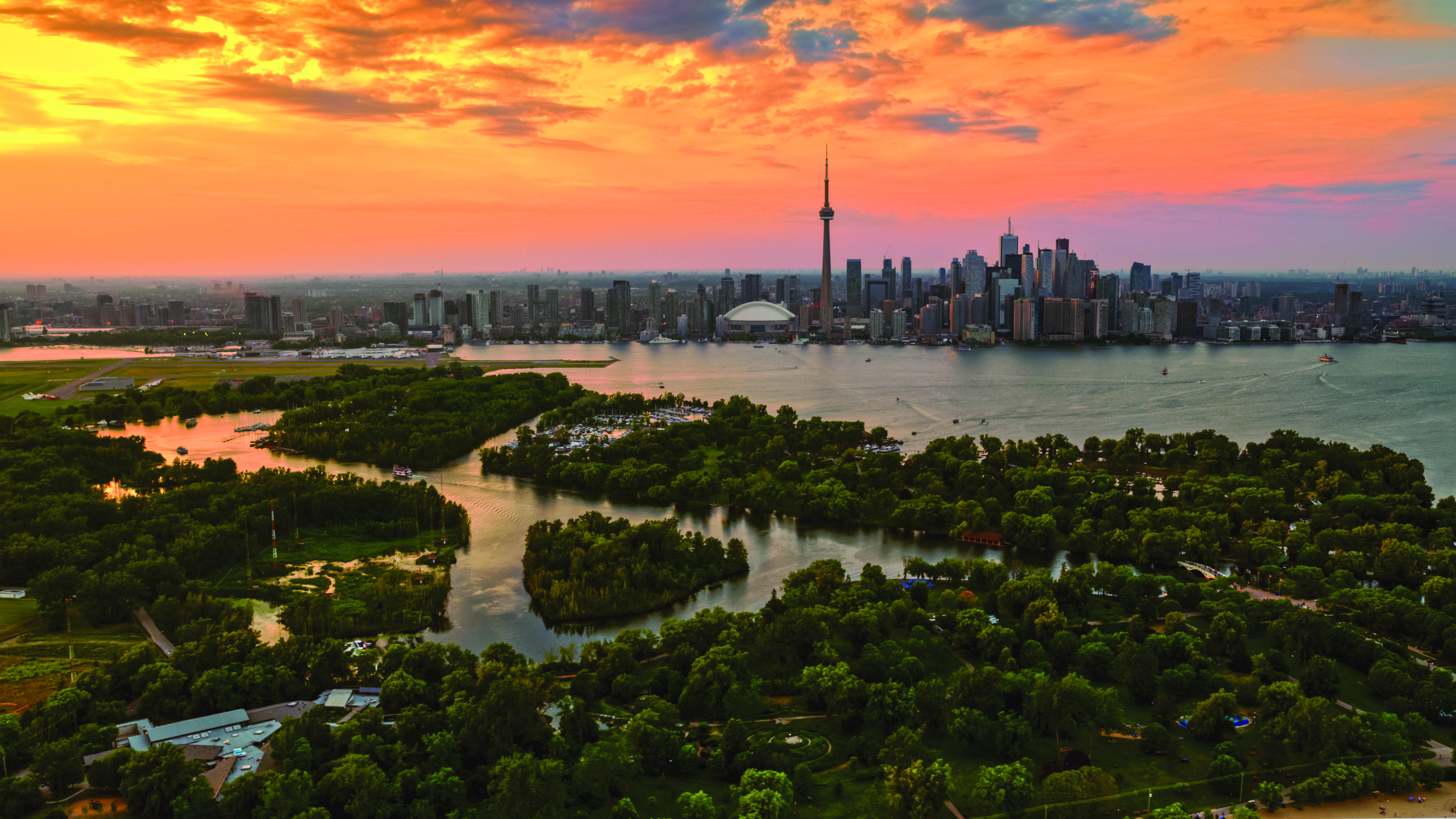 A sun setting on Toronto's waterfront.