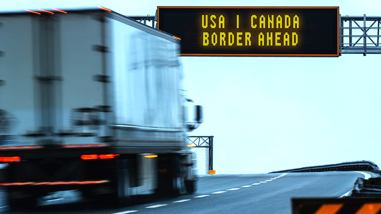 Freight truck driving towards the US/Canada border