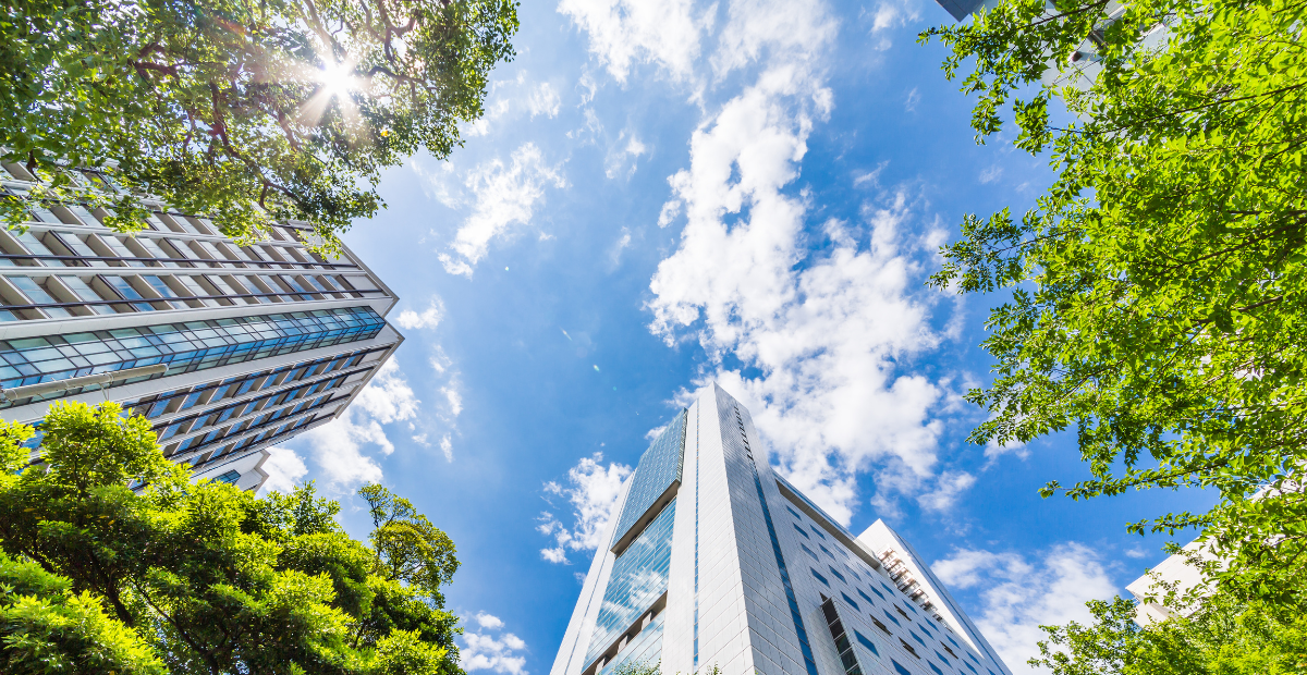 A building from an ant's-eye view, on a blue cloudy sky with green trees.