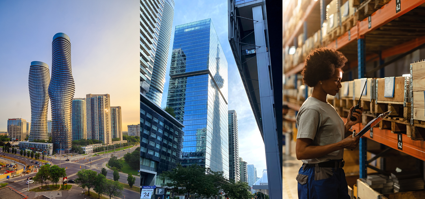 A triptych of images - downtown Toronto, a worker looking for stock on a warehouse shelf and high rises in Mississauga