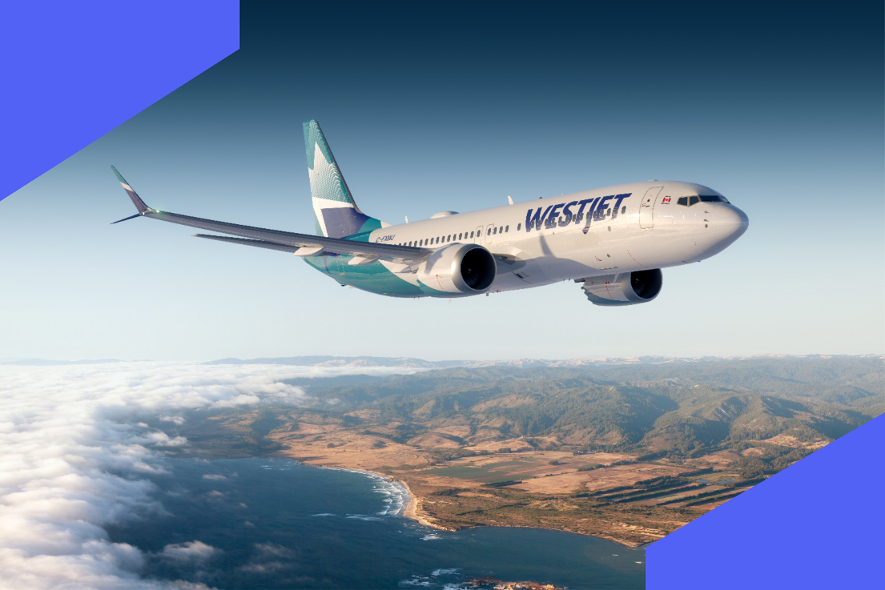 A westjet plane above the sea and land.