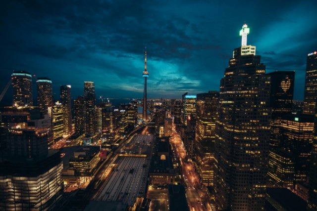 A nighttime aerial view of Toronto.