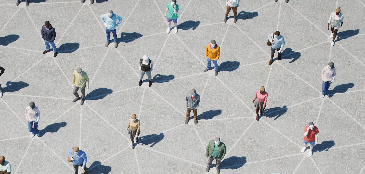 A graphic depicting a group of people standing on a geometric pattern.